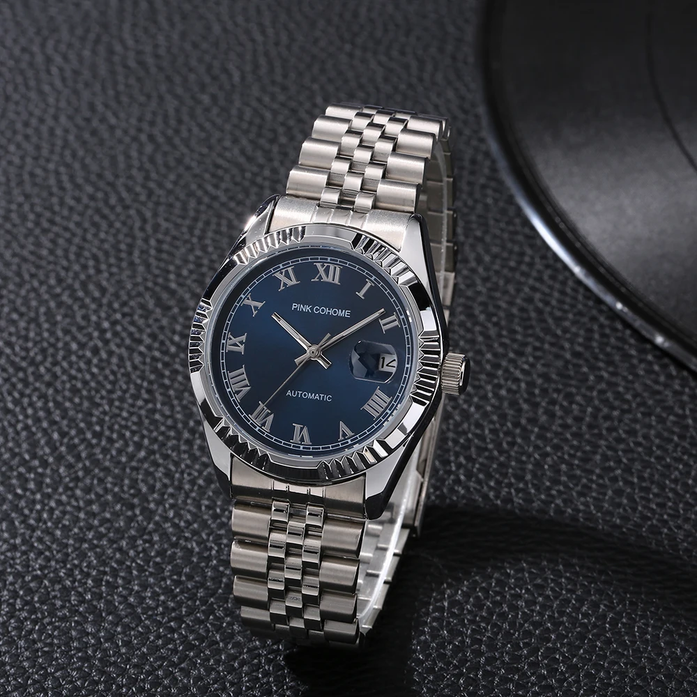 

Swiss Automatic Watch Blue Dial Face Steel Bracelet Wristwatch Business Man Waterproof Brand Logo Mechanical Clock Mechanism