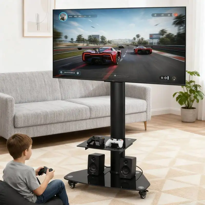 Rolling TV Moving Stand on Wheels Height Adjustable Floor Trolley Stand with Shelf Portable Mobile TV Cart for 37-70 Inch Screen