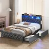 bedstead.Queen Bed Frame with Storage Headboard, Wooden Bed Frame with 47.2Bookcase Headboard4Storage Drawers & Charging Station 3