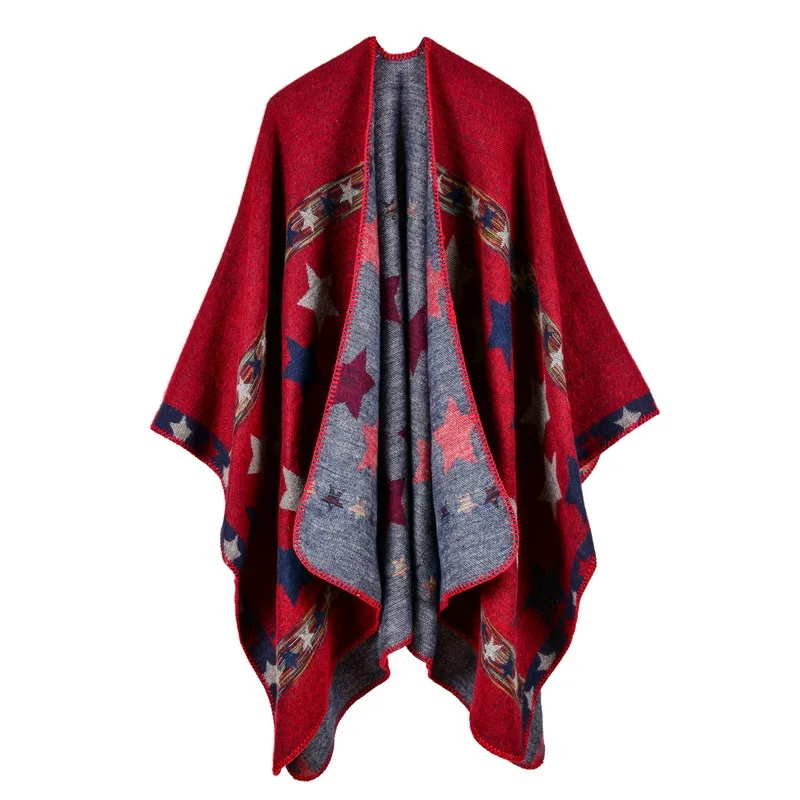 

New European American Women's Star Color Bar Imitation Cashmere Shawl Extra Long Thickened Foreign Trade Cape Ponchos Red