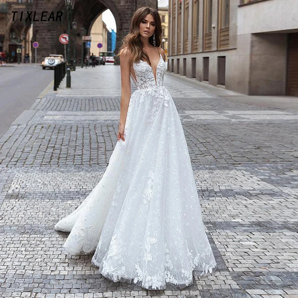 

TIXLEAR Modern V-Neck Wedding Dress Spaghetti Straps Appliques Backless Floor Length Lace Bridal Gown A-Line Vestidos De Novia