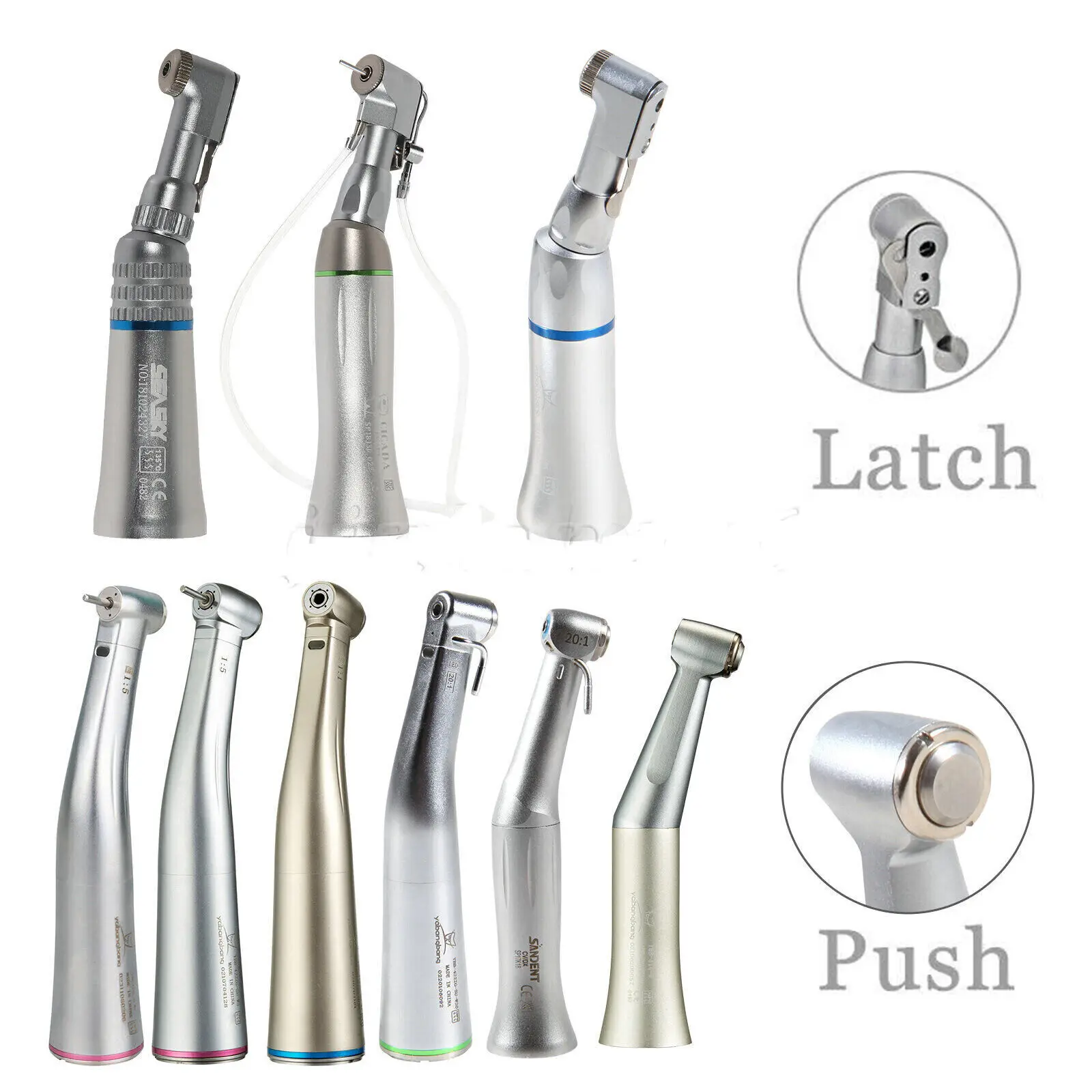 

NSK/Kavo Style Dental Slow Low Speed Handpiece 1:1/1:5/20:1 Fiber Optic Led/No Led Push Button/Latch Type Contra Angle E-type