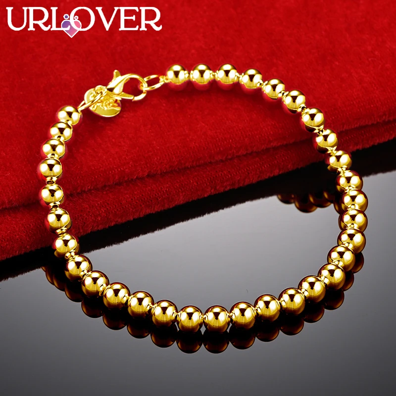 

URLOVER 24K Gold Bracelet For Woman 6mm Smooth Beads Chain Bracelets Fashion Party Wedding Engagement Jewelry Lady Birthday Gift