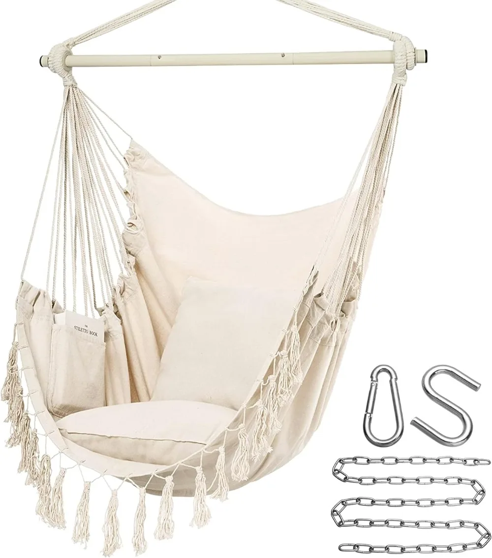 

Y- Stop Hammock Chair Hanging Rope Swing, Max 500 Lbs, 2 Cushions Included, Large Macrame Hanging Chair with Pocket