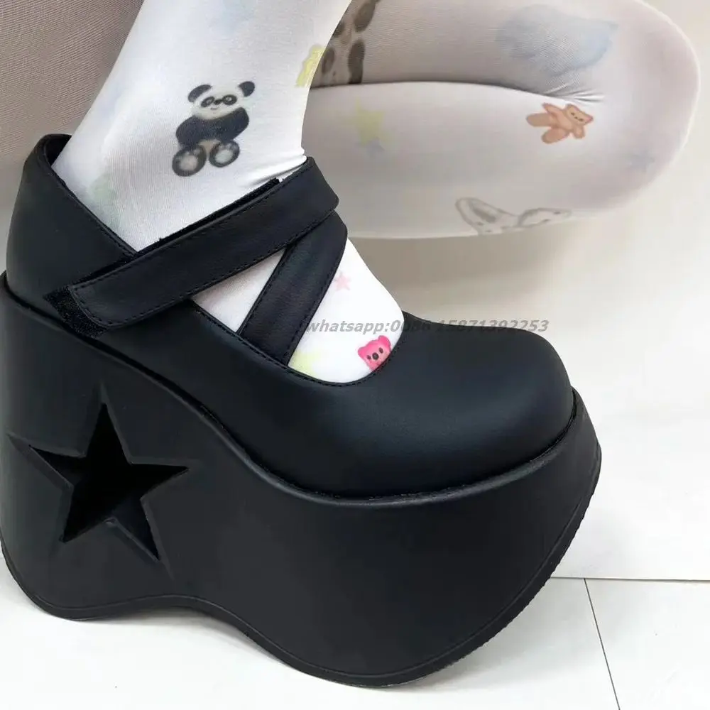 

Star Hollow Out Shallow Pumps Round Toe Height Increasing Hook and Loop Black Mary Janes Subculture Style Spicy Girl Pantshoes
