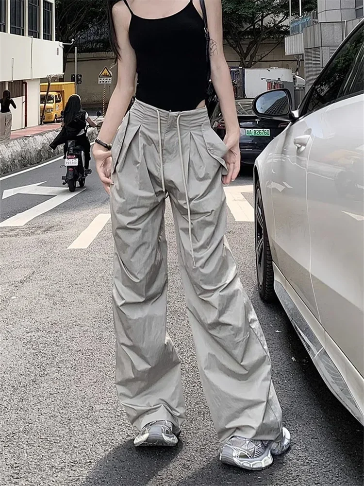 QWEEK Korean Fashion Gray Cargo Pants Women Y2K Vintage Drawstring Parachute Trousers Oversized Quick Dry Harajuku Sweatpants