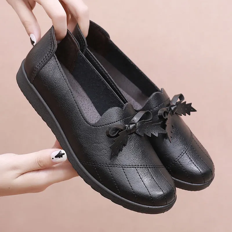 Women Flats Shoes Casual Leather Loafers Fashion Bowtie Mother Shoes Soft Moccasins Flats Non-slip Footwear Woman Shoes