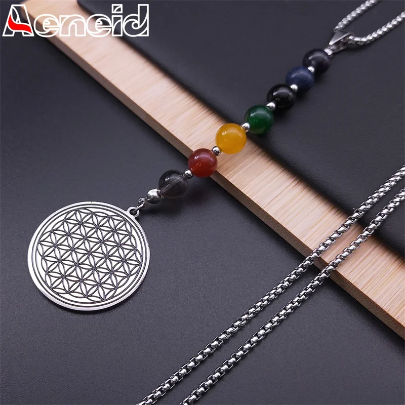 

7 Chakra Flower of Life Necklace Women Stainless Steel Colorful Stone Sacred Geometry Metatron Necklaces Reiki Healing Jewelry
