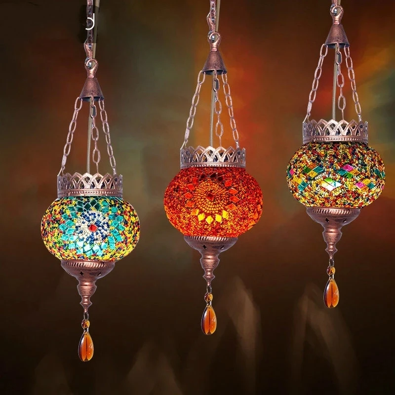 Creative Mediterranean Style LED Mosaic Pendant Lamp Retro Antique Bar Lamp Bohemia Hanging Lights for Hotel Dining Room