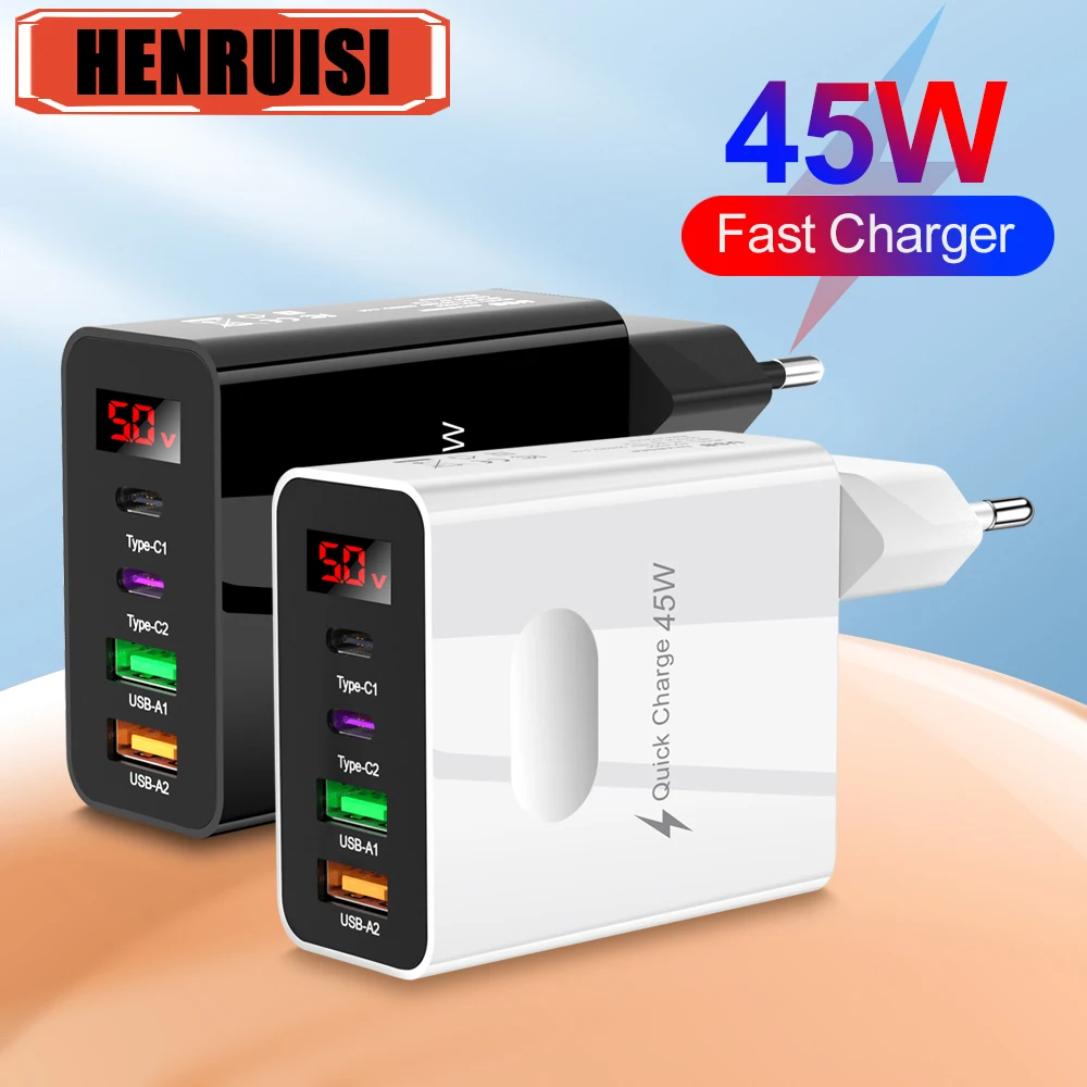 45W USB PD Charger 4Ports Fast Charging Digital Display Mobile Phone Power Adapter For iPhone Xiaomi Samsung Huawei Wall Charge 1