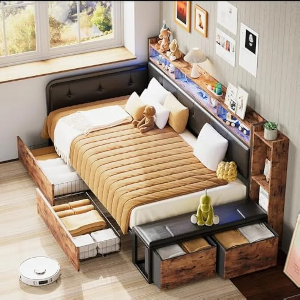 Corner Bed Frame, Twin Daybed with 2 Drawers & Charging Station, Platform Bed Frame Bookcase Headboard 3