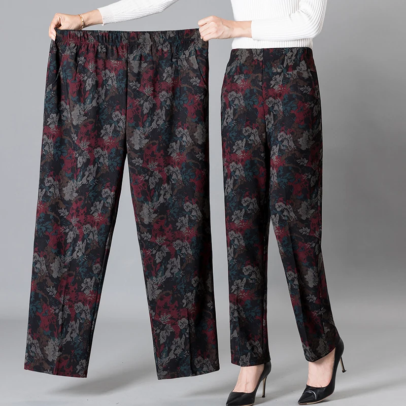 8XL 9XL Middle-aged Women Trousers New Print Elasti High Waist Casual Pants Spring and Autumn Straight Pants Oversize Grandma Pa