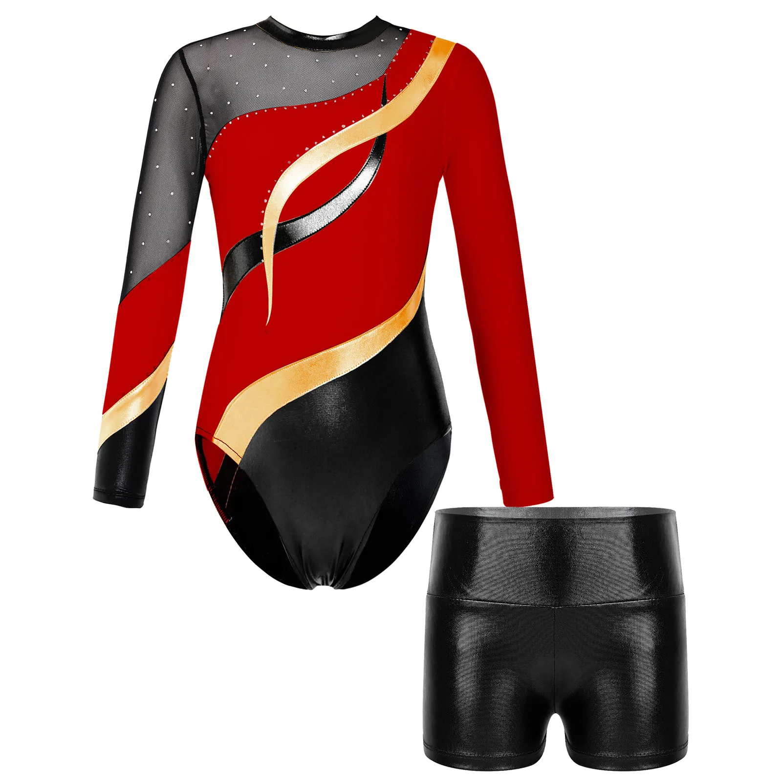 

Kids Girls Long Sleeve Hollow Back Rhinestone Leotard+Metallic Shiny High Waist Shorts Set for Dance Gymnastics Figure Skating