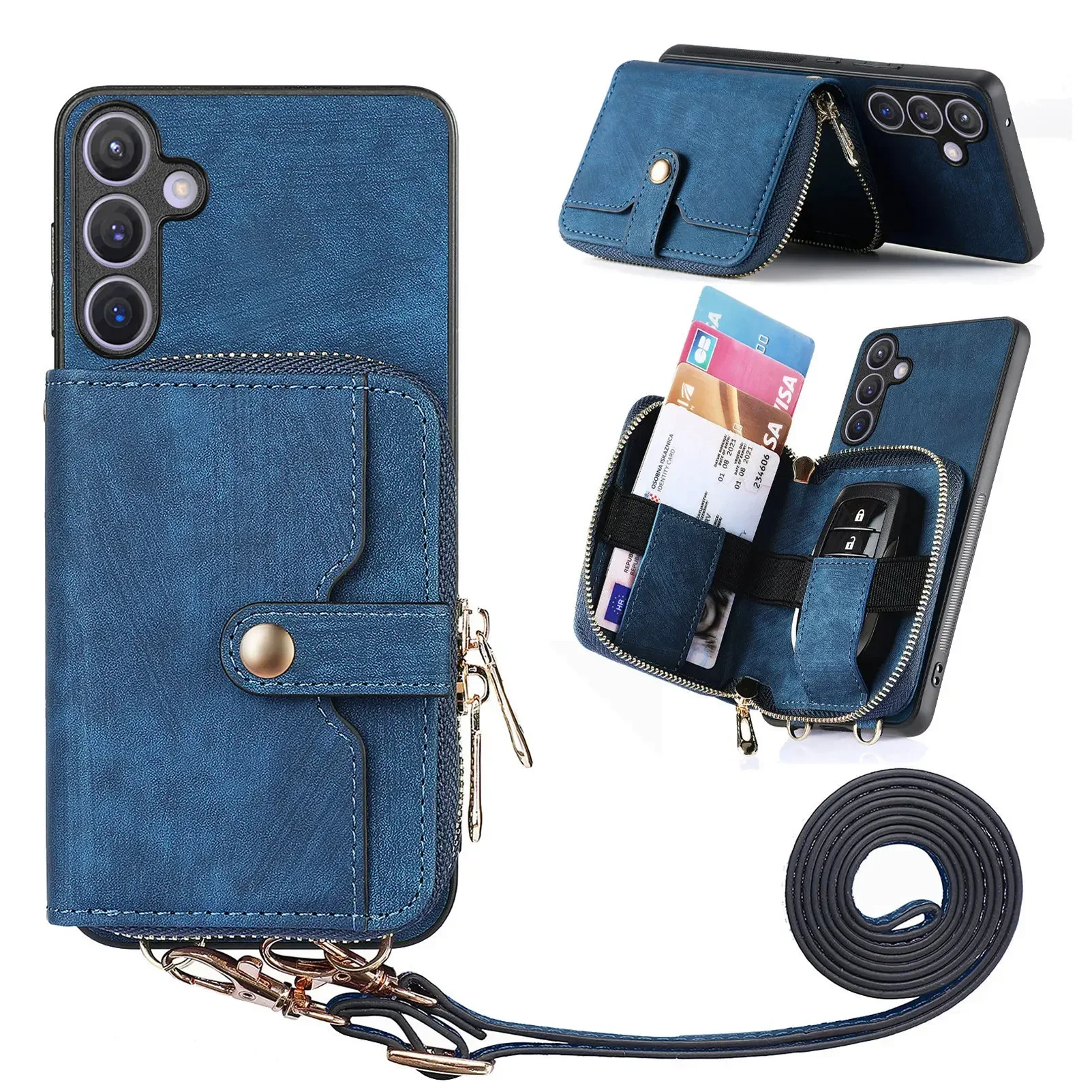 Leather Phone Cover with Zipper Wallet and Lanyard Stand Feature
