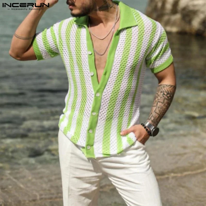 

INCERUN 2024 мужская полосатая рубашка с отложным воротником и коротким рукавом, сетчатая, прозрачная Мужская одежда, уличная одежда, летняя женская