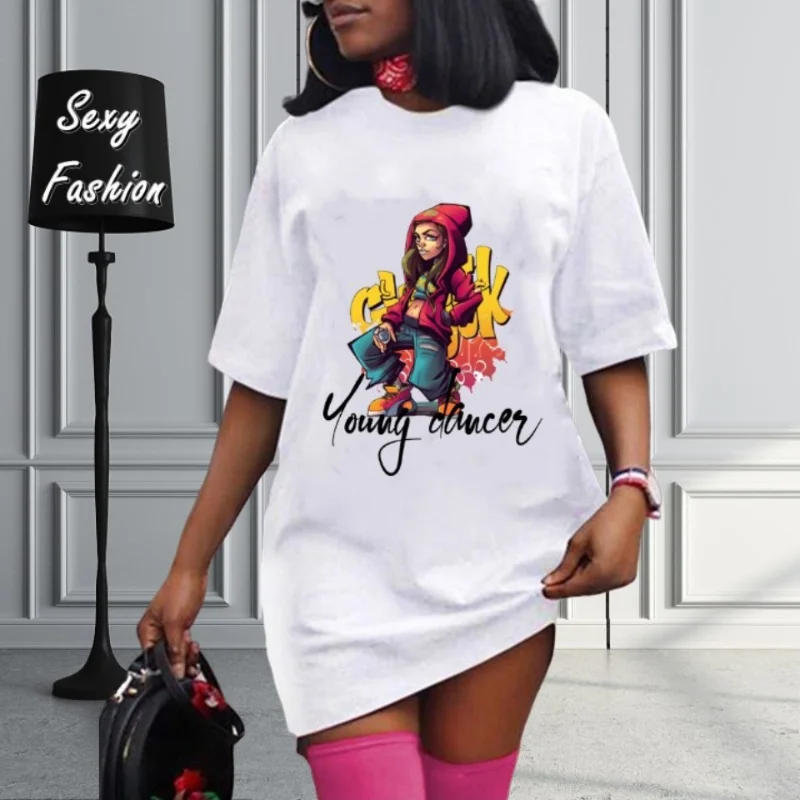 

XL-5XL Plus Size Women Clothing Short Sleeve Fashion Printing Summer Sport Casual Loose Mini Dress Female Outfits Dropshipping