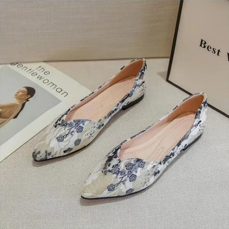 

2024 Summer Fashion New Soft-soled Flat Shoes Retro Pointed Shoes Flat Print Elegant Casual Daily Women Shoes
