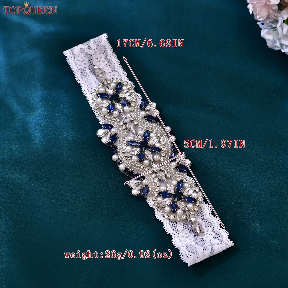 TOPQUEEN White Elastic Lace Wedding Garter Navy Blue Rhinestone Jewellery Decoration Party Women's Thigh Loop Band Body Jewelry
