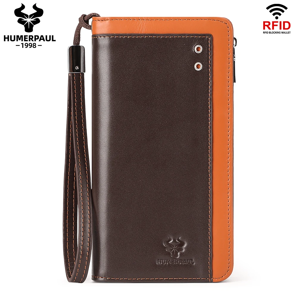 

HUMERPAUL Genuine Leather Men's Wallet RFID Credit Card Holder with Passport Cover Business Long Cell Phone Clutch Purse