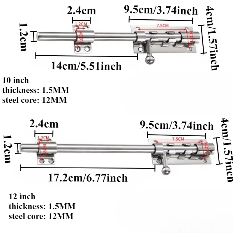 6" 8" 10" 12 Inch Stainless Steel Hardware Door Lock Barrel Bolt Latch Padlock Clasp Set Brushed Stainless Steel