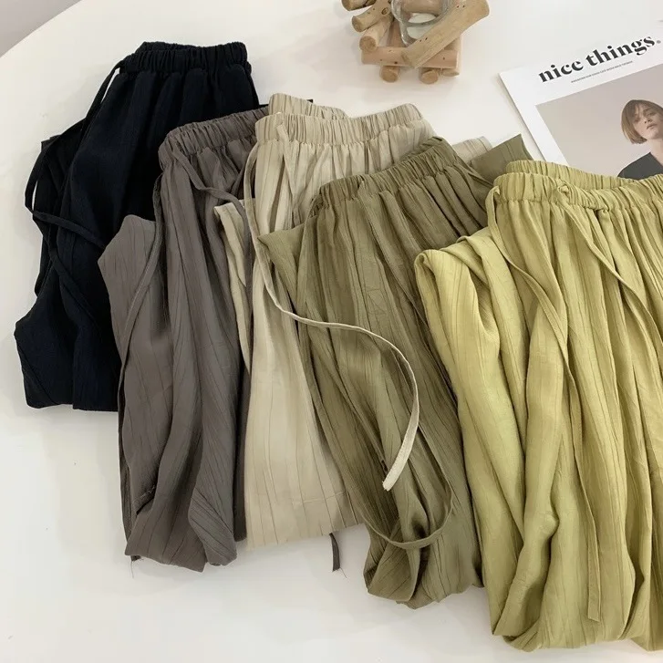 Women Clothing Wide Leg Pants Pleated High Waist Loose Summer Casual Cool Solid Color Belt Simple Thin Office Lady Cotton