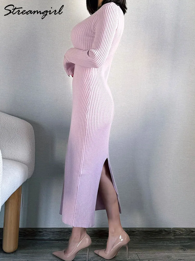 V Neck Knitted Dresses Women Autumn Winter Long Sleeve Slit Sweater Dress  Long Straight Outwear Light Blue Women's Dresses Lady - AliExpress 200000345