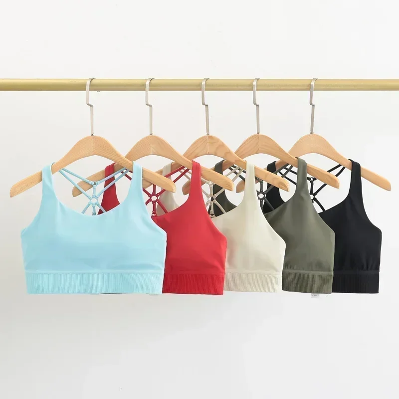 Lemon Ultra Soft Nylon Strappy Sports Bras Women Criss Cross Back Padded Workout Yoga Bra Gym High Stretch Support Crop Tops