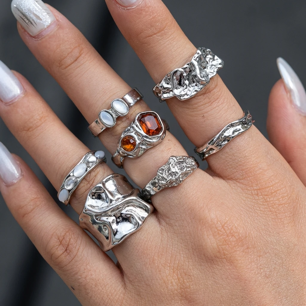 Ins-Style Unregelmäßiger Wellenring-Set in Silberfarbe, Stapelbare Fingerringe für Frauen, Coole Geometrische Fingeraccessoires, Modetrend