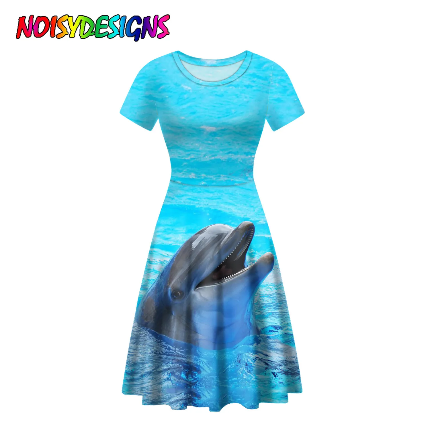 

NOISYDESIGNS Women O Neck Dress Summer Short Sleeve Dress Blue Elegant Dolphin Shark Printed Roupas Femininas Dress Soft 2022