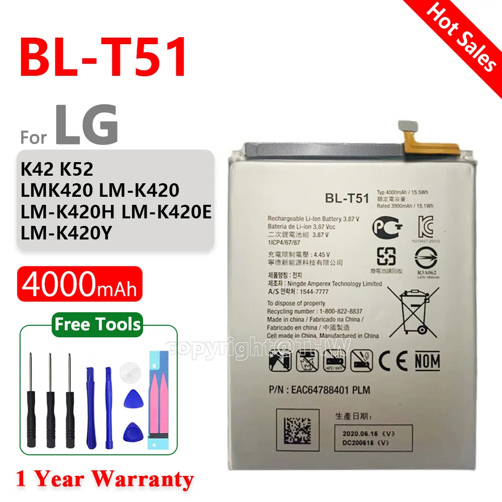 

Оригинальный аккумулятор BL-T51 для LG K42, K52, LMK420, LM-K420 LM-K420H LM-K420E, запасные батареи LM-K420Y + Бесплатные инструменты