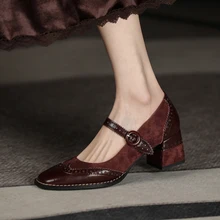 Mary Jane-zapatos de piel auténtica con hebilla Retro para mujer, calzado de tacón grueso con punta cuadrada, hechos a mano, talla 34-40