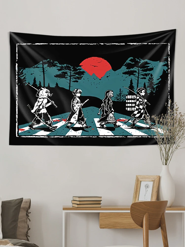 Cute Japan Demon Slayer Anime Tapestry Kawaii Decor Moon Japanese Style Skull Decoration Polyester For Teen Room Black