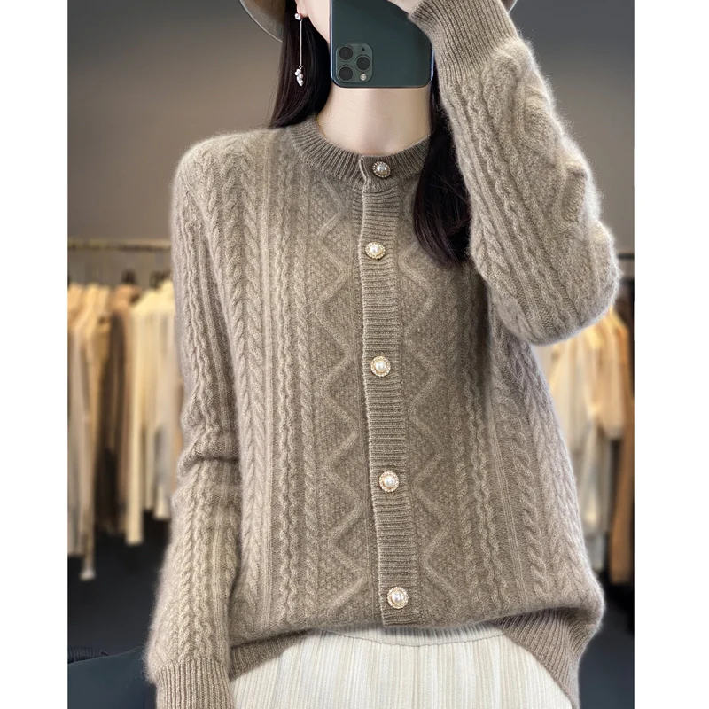 

Cardigan New Autumn Winter Thick Sweater For Women 100% Merino Wool Cardigan O-Neck Long Sleeve Twist Warm Coat Knitwear Tops