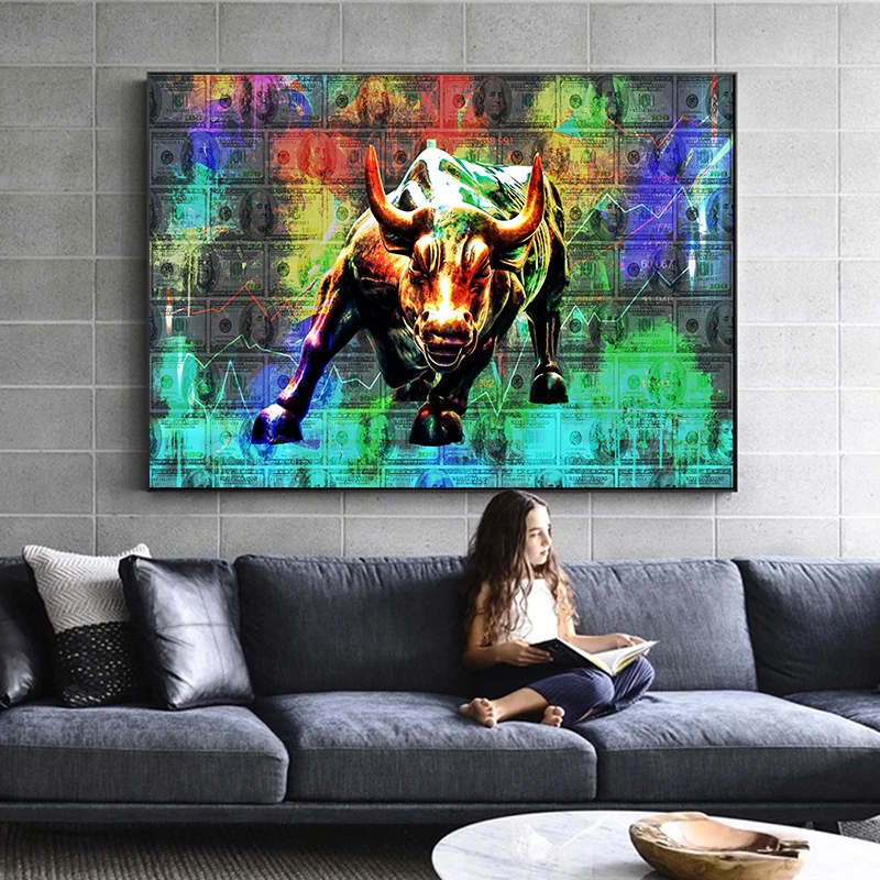 

Graffiti Dollar Background Canvas Painting Wall Street Charging Bull Money Motivation Poster Modern Home Living Room Decor