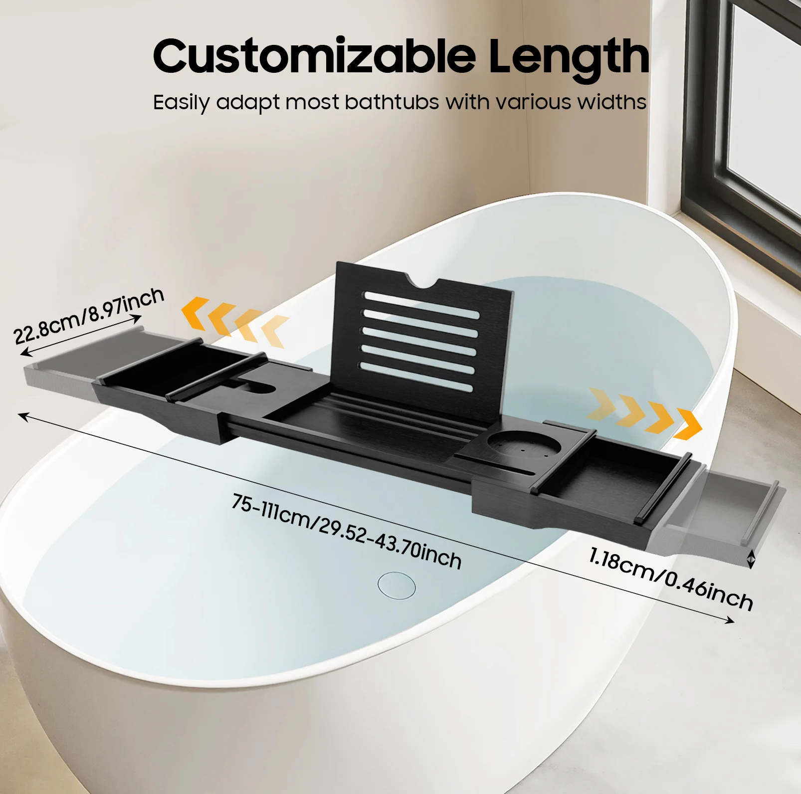 Bathtub Shelf Bamboo Bathtub Tray 75-111cm Expandable Shower Black Caddy Rack Towel Book Wine Holder
