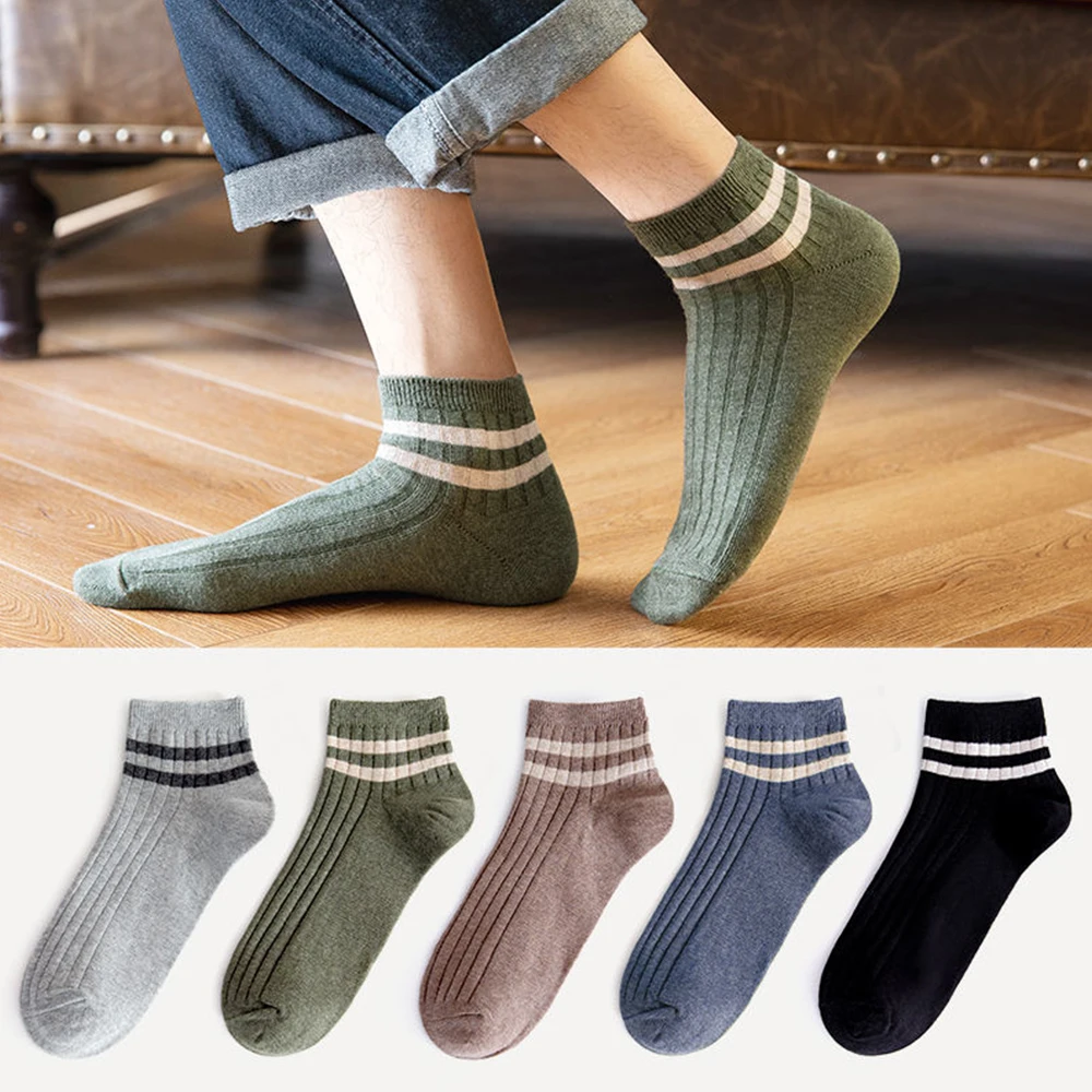 Men Ankle Socks 5 Pairs Breathable Solid Color Cotton Low Short Durable Comfortable Fashion Casual Stripe Fun Sports Street Sox