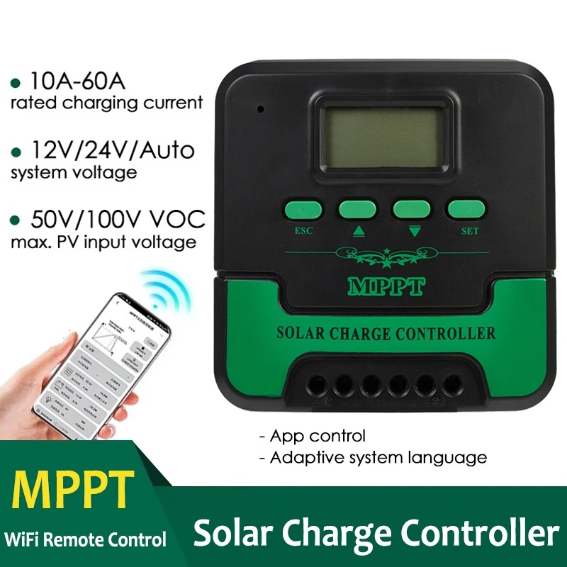 10A/20A/30A/40A/50A/60A MPPT Solar Charge Controller 12V/24V Auto With WiFi Solar Panel Charge Regulator Max PV Input 100VOC