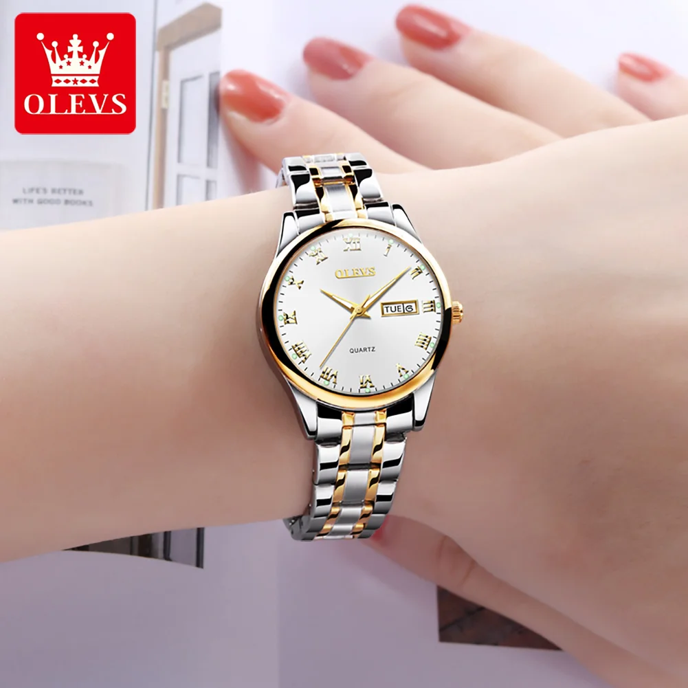OLEVS Fashion Quartz Watch for Women Stainless Steel Dual Calendar Dial Waterproof Luminous Casual Elegant Ladies Wristwatches