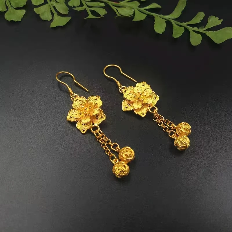 Chinese Style Handmade Filigree Flowers 999 Silver Gilding Tassel Earrings for Women Antique Hanfu Wedding Bride Jewelry Gift