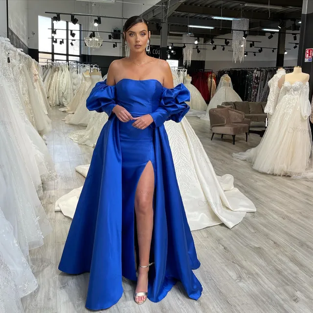 Elegant Royal Blue A-Line Women Formal Dresses Evening Gown Vestidos De  Fiesta Off the Shoulder Sexy Slit Satin Prom Dress Long - AliExpress