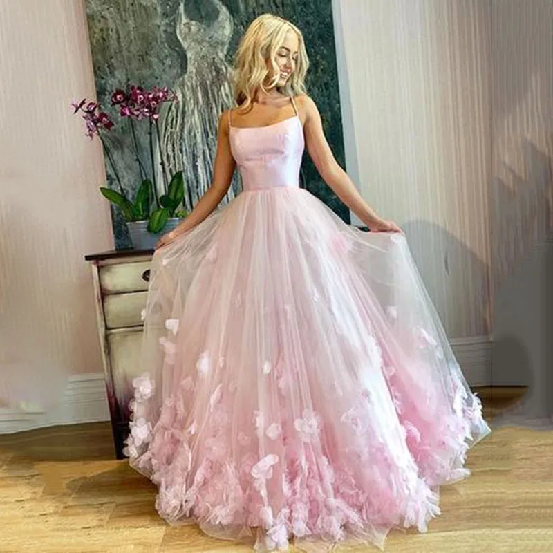 

Evening Dress Women Formal Party Gowns Elegant Pink Sweet Prom Dress Tulle Spaghetti Straps 3D Flowers Lace Tulle Ball Gown