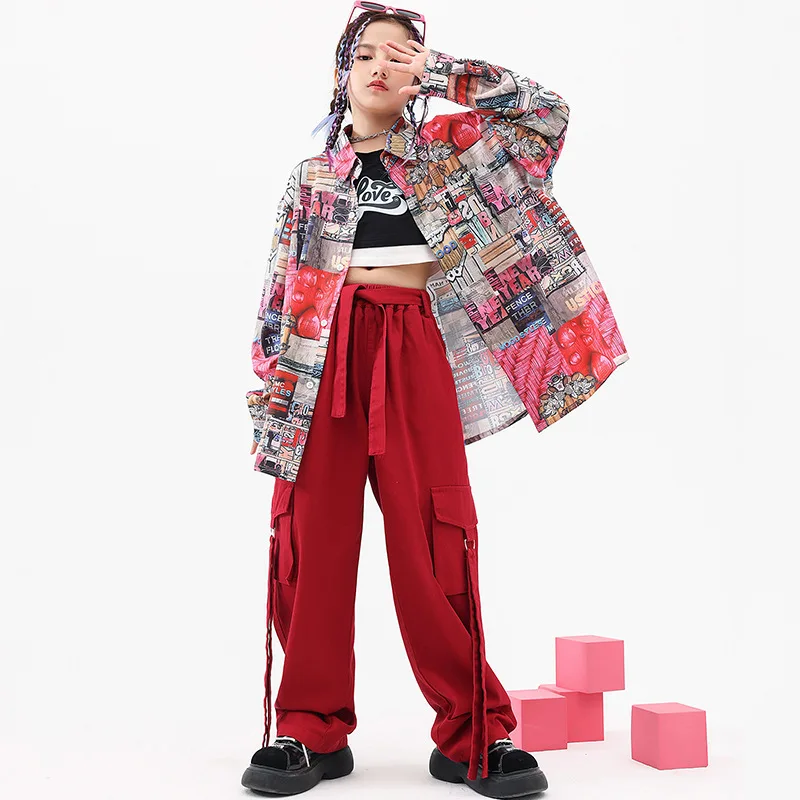 

Детский костюм для джазовых танцев, модная уличная одежда в стиле хип-хоп, рубашка с принтом для девочек, брюки-джоггеры, городская модель, подиумная одежда для шоу