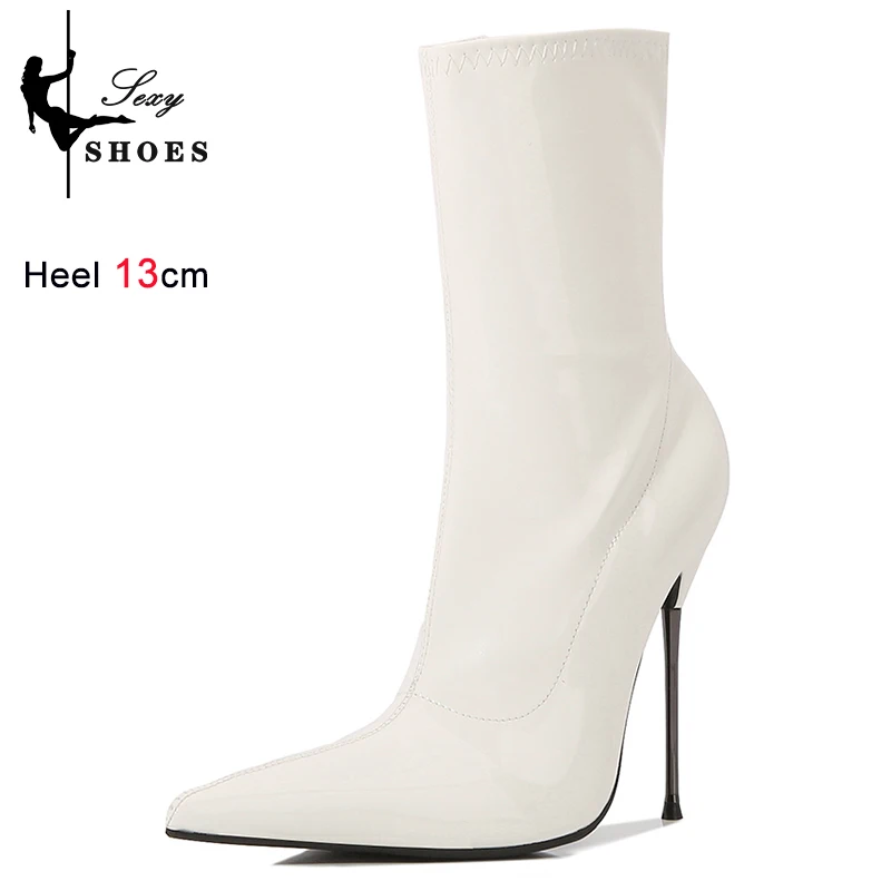 New Sexy 13cm Ultra Thin Steel High Heel Short Boots Women Trend Pointy Toe Patent Leather Ankle Boots Strip Shoes Large Size 46