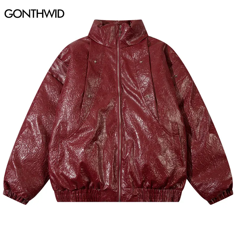 

Vintage Winter Jakcet Leather Parka Streetwear Retro PU Waterproof Thick Warm Padded Parkas Coat 2023 Men Harajuku Puffer Parkas