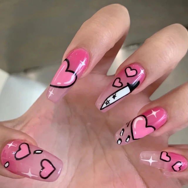 24pcs Long Square Cute Cartoon Nail Decor With 3d Design, Pink Butterfly,  Rhinestone, Heart Shaped Faux Pearl And Flower Shaped Decor, Comes With A  Nail File, Jelly Gel And One Piece Of