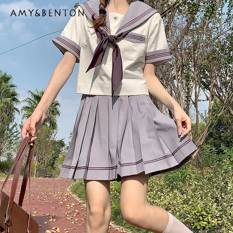 Japanese Uniform JK Grey Purple Top Summer Sailor Collar Vintage Sweet White Short Sleeved Shirt And Mini Skirt Two Pieces Sets