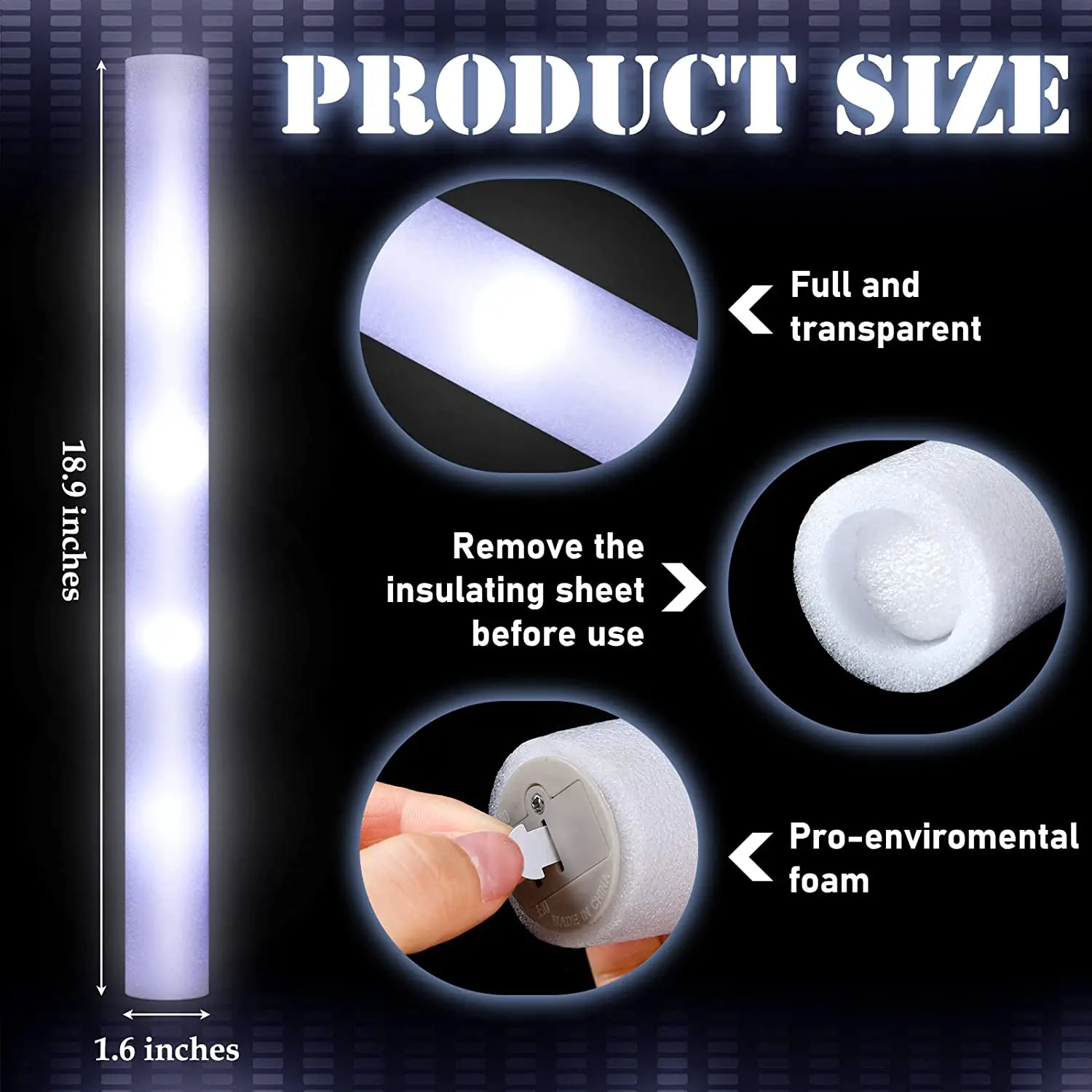 Description Picture 3 of item20Pcs LED Foam Glow Sticks Light Sticks Wedding Baton Wands with 3 Modes Flashing Strobe Stick Glow in The Dark Party Supplies