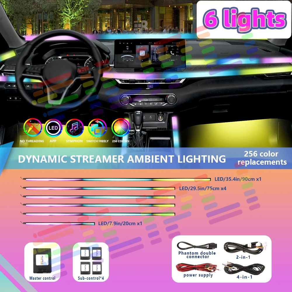 풀 유니버설 심포니 자동차 LED 주변 조명, 장식 분위기 램프, 64 RGB 다채로운 스트리머 레인보우 앱 제어, 18 인 1