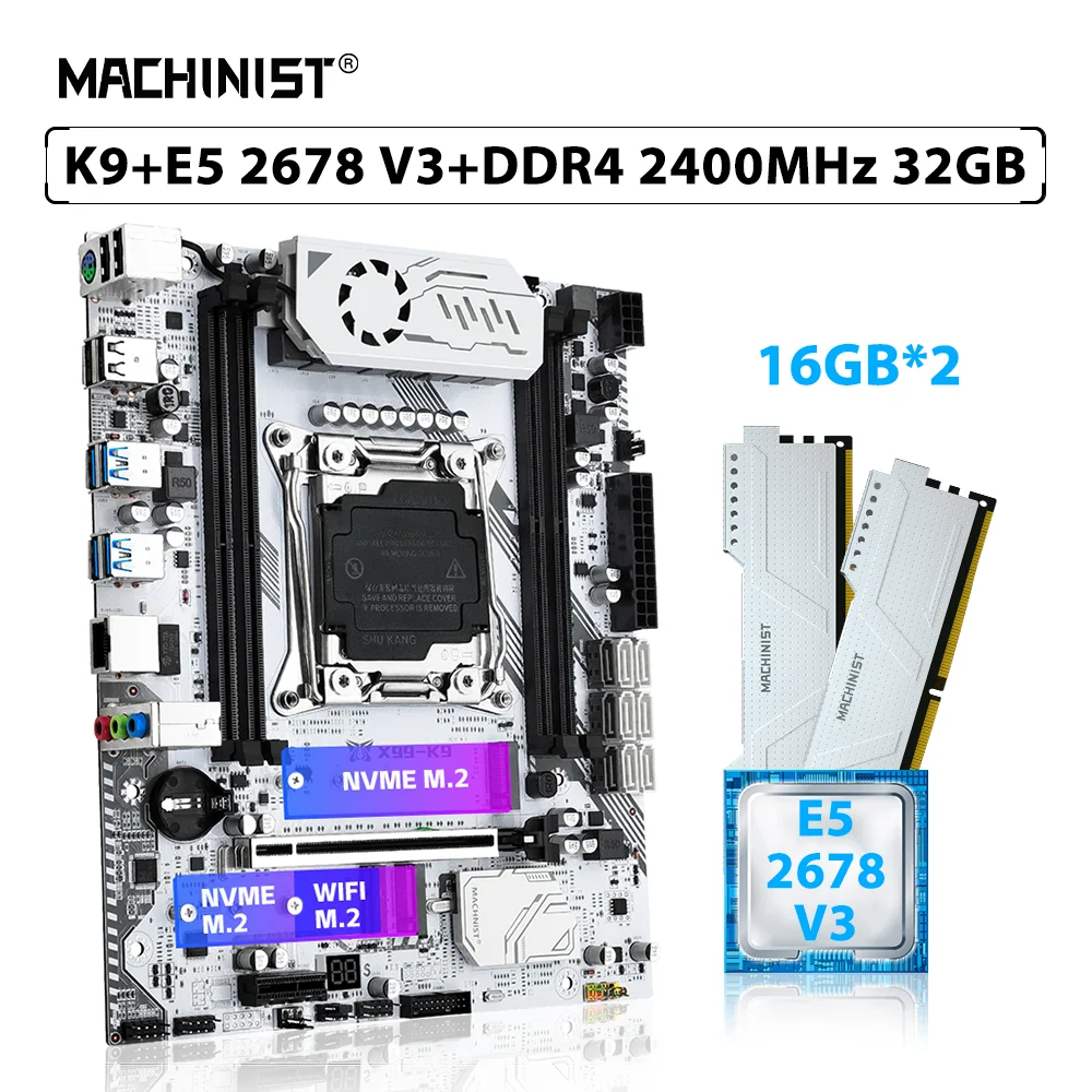 

MACHINIST X99 K9 комплект материнской платы LGA 2011-3 комплект Xeon E5 2678 V3 процессор 32 Гб (2*16 Гб) 2400 МГц ECC DDR4 Память ОЗУ NVME M.2