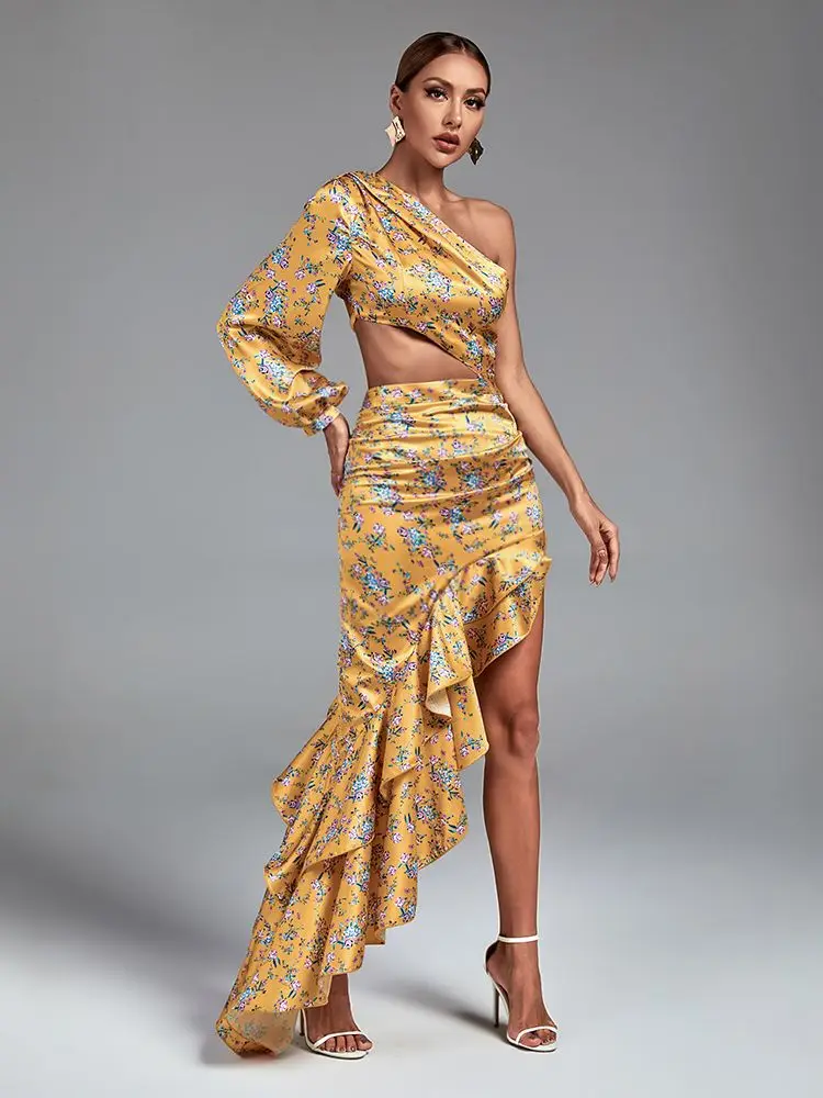 

Floral Print Long Dress Women Luxury Evening Party Dress Elegant Ruffle Sexy One Shoulder Birthday Club Outfits Summer 2023